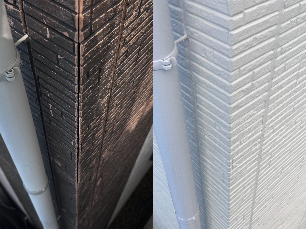 外壁の左官補修のビフォーアフター。塗装をする前にしっかり補修をすることが長持ちの秘訣になります。一途では、まるで外壁の穴や凹みがなかったのような綺麗な蘇りにこだわっています。